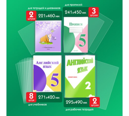 Обложки ПП для тетрадей и учебников, НАБОР 15 шт., КЛЕЙКИЙ КРАЙ, 80 мкм, универсальные, прозрачные, ПИФАГОР, 271264