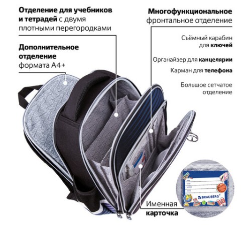 Ранец BRAUBERG QUADRO, 3 отделения, с брелоком, 