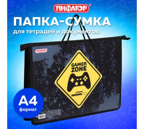 Папка на молнии с ручками ПИФАГОР А4, 1 отделение, пластик, ручки-шнурок, 
