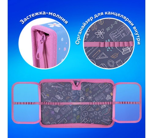 Пенал ПИФАГОР, 1 отделение, 2 откидные планки, полиэстер, 20х14 см, 