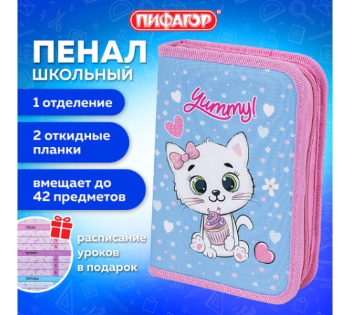 Пенал ПИФАГОР, 1 отделение, 2 откидные планки, полиэстер, 20х14 см, 