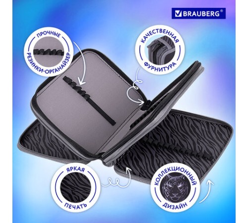 Пенал BRAUBERG, 3 отделения, полиэстер, 21х14 см, 