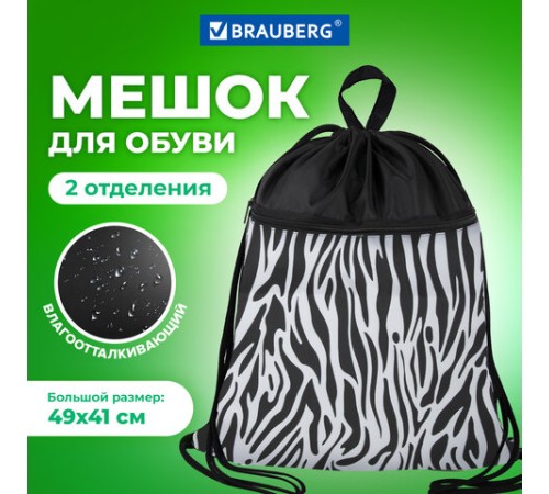 Мешок для обуви BRAUBERG БОЛЬШОЙ, с ручкой, карман на молнии, сетка, 49х41 см, 