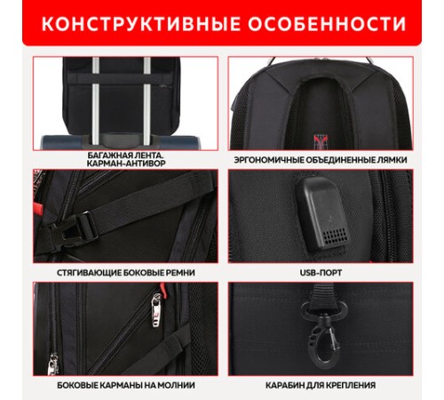 Рюкзак GERMANIUM UPGRADE Max, 3 отделения, отделение для ноутбука, USB-порт, UP-5, черный, 49х34х24 см, 271669