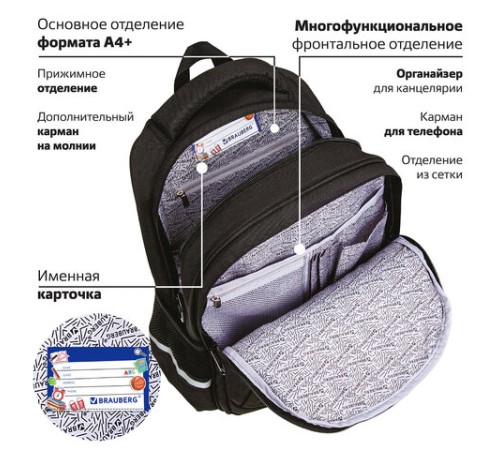 Рюкзак BRAUBERG SOFT, 2 отделения, 3 кармана, 