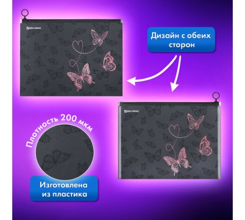 Папка для тетрадей BRAUBERG А4, 1 отделение, пластик, на zip-lock-молнии, 