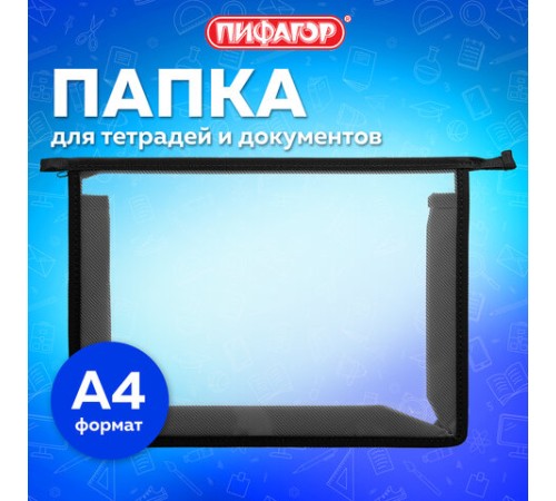 Папка для тетрадей А4 ПИФАГОР, пластик, молния сверху, прозрачная, черный, 272107