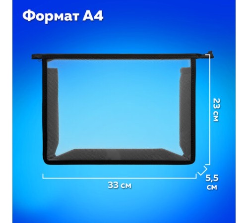 Папка для тетрадей А4 ПИФАГОР, пластик, молния сверху, прозрачная, черный, 272107