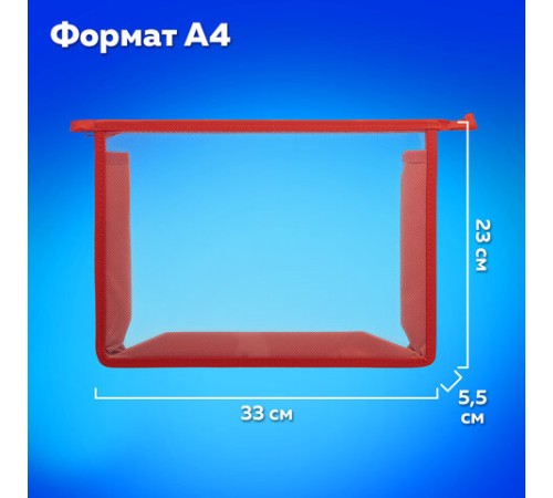 Папка для тетрадей А4 ПИФАГОР, пластик, молния сверху, прозрачная, красный, 272108