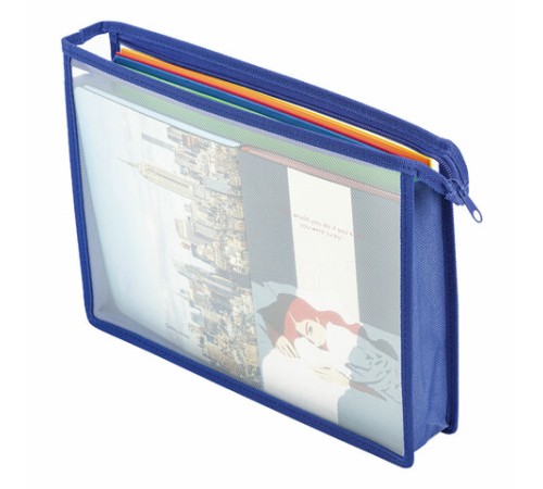 Папка для тетрадей А4 ПИФАГОР, пластик, молния сверху, прозрачная, синий, 272109