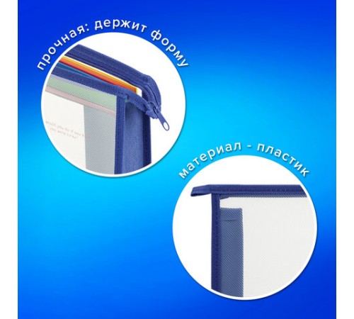 Папка для тетрадей А4 ПИФАГОР, пластик, молния сверху, прозрачная, синий, 272109