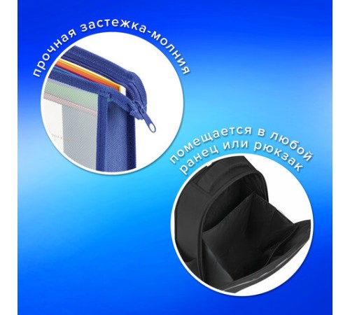 Папка для тетрадей А4 ПИФАГОР, пластик, молния сверху, прозрачная, синий, 272109