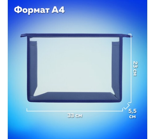 Папка для тетрадей А4 ПИФАГОР, пластик, молния сверху, прозрачная, синий, 272109