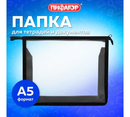 Папка для тетрадей ПИФАГОР А5, пластик, молния сверху, прозрачная, черный, 272113