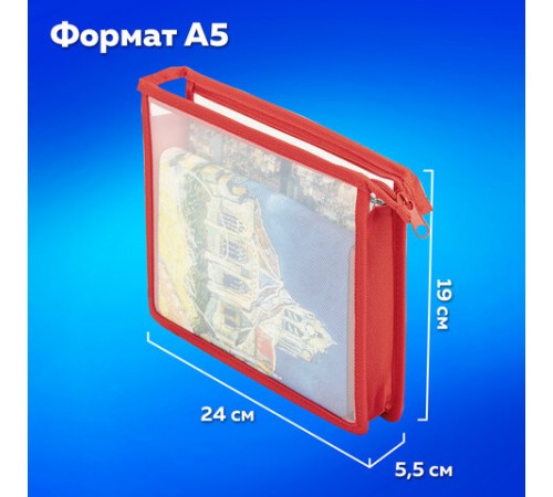 Папка для тетрадей ПИФАГОР А5, пластик, молния сверху, прозрачная, красный, 272114