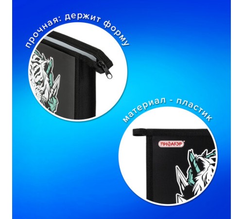 Папка для тетрадей ПИФАГОР А5, 1 отделение, пластик, на молнии, White tiger, 272195