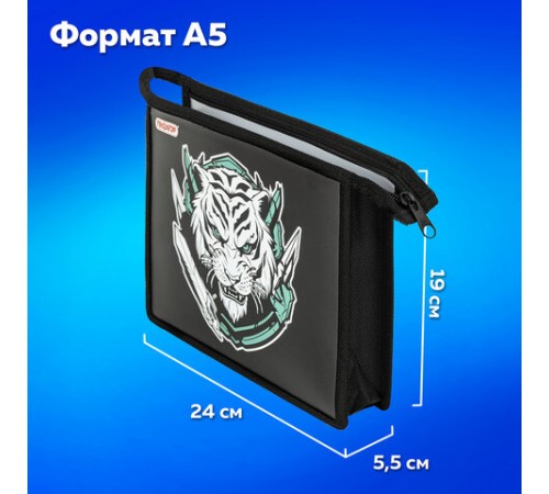 Папка для тетрадей ПИФАГОР А5, 1 отделение, пластик, на молнии, White tiger, 272195
