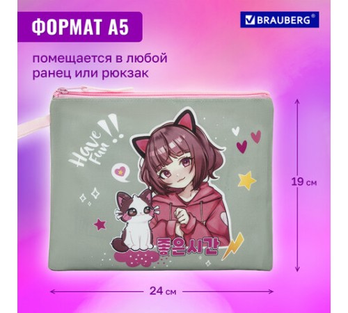 Папка для тетрадей BRAUBERG А5, 1 отделение, полиэстер, на молнии, с ручкой, 