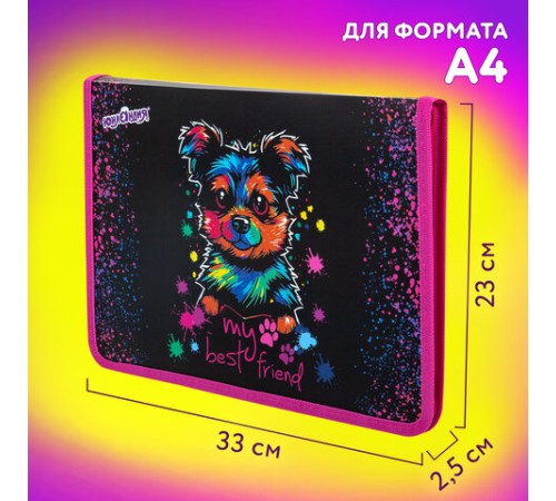 Папка для труда на молнии ЮНЛАНДИЯ А4, 1 отделение, откидная планка, органайзер, 