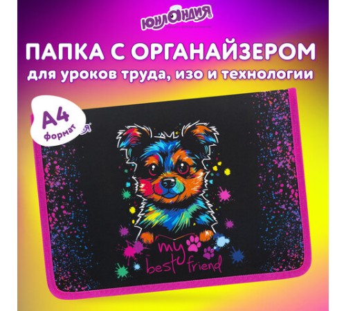 Папка для труда на молнии ЮНЛАНДИЯ А4, 1 отделение, откидная планка, органайзер, 