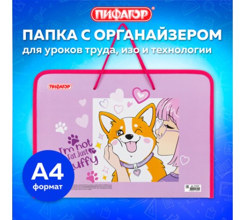 Папка для труда на молнии с ручками ПИФАГОР А4, 1 отделение, пластик, органайзер, 