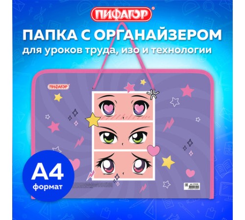 Папка для труда на молнии с ручками ПИФАГОР А4, 1 отделение, пластик, органайзер, 