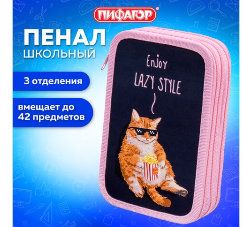 Пенал ПИФАГОР, 3 отделения, ламинированный картон, 19х11 см, 