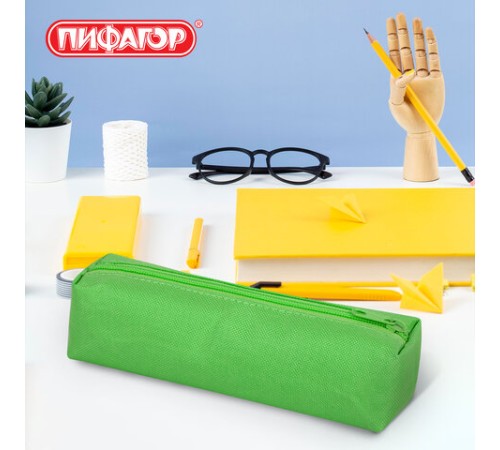 Пенал-тубус ПИФАГОР на молнии, ткань, зеленый, 20х5 см, 272258