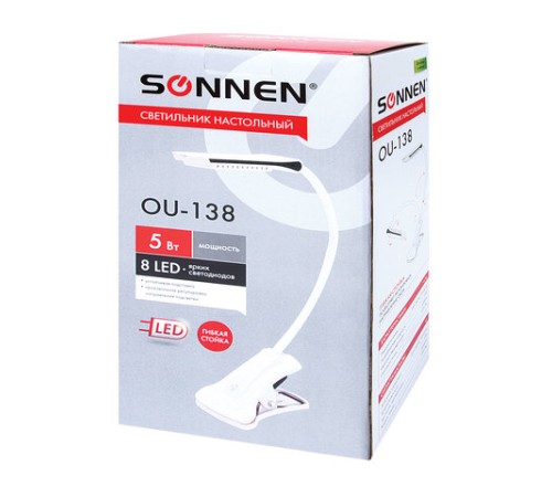 Настольная лампа / светильник SONNEN OU-138, на прищепке, светодиодная, 5 Вт, белый, 236668