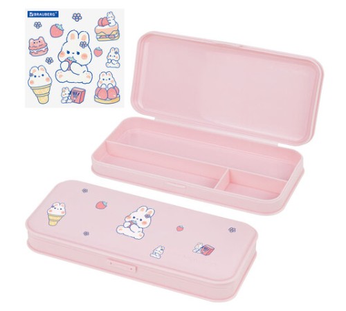 Пенал пластиковый BRAUBERG, пастельный розовый, С НАКЛЕЙКАМИ, 21х9х3 см, 272271