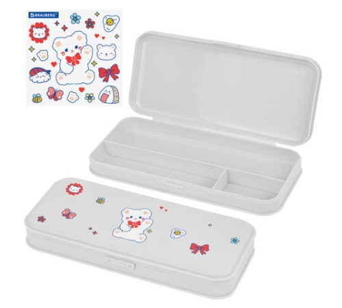 Пенал пластиковый BRAUBERG, серый, С НАКЛЕЙКАМИ, 21х9х3 см, 272273