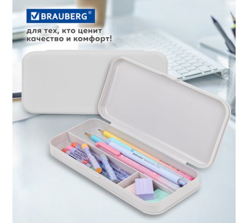 Пенал пластиковый BRAUBERG, серый, С НАКЛЕЙКАМИ, 21х9х3 см, 272273