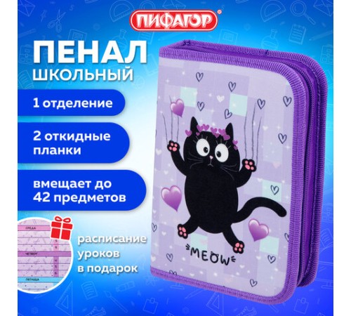 Пенал ПИФАГОР, 1 отделение, 2 откидные планки, полиэстер, 20х14 см, 