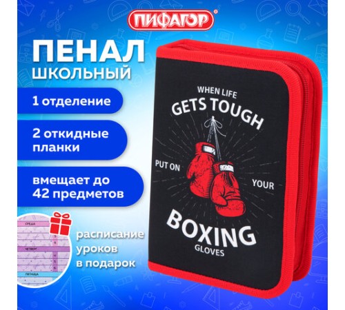 Пенал ПИФАГОР, 1 отделение, 2 откидные планки, полиэстер, 20х14 см, 