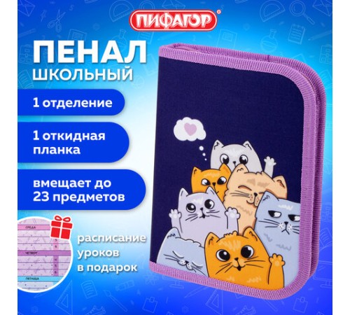 Пенал ПИФАГОР, 1 отделение, 1 откидная планка, полиэстер, 19х13 см, 