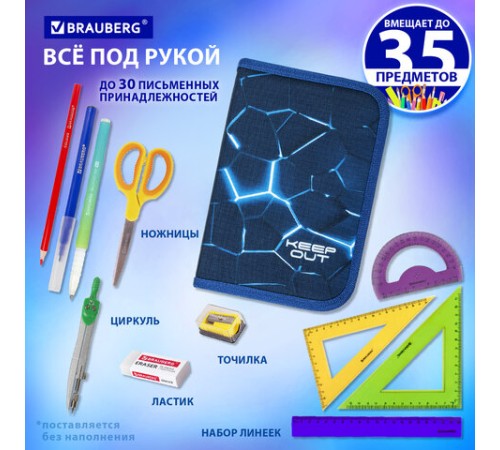 Пенал BRAUBERG, 1 отделение, 2 откидные планки, полиэстер, 21х14 см, Digital lava, 272320