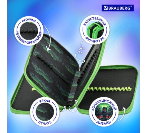 Пенал BRAUBERG, 3 отделения, полиэстер, 21х14 см, 
