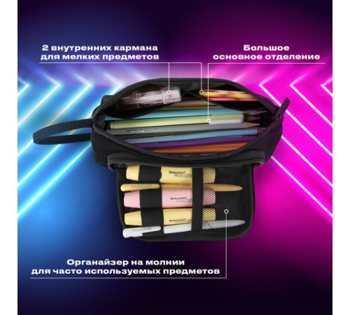 Пенал-косметичка BRAUBERG с ручкой, 1 откидная планка, полиэстер, 22x10х8 см, Black, 272339