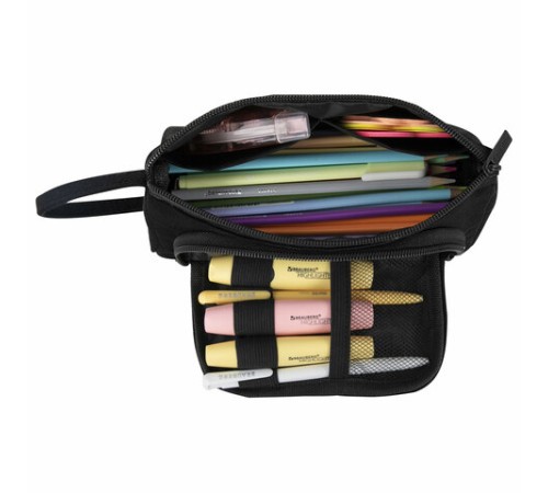 Пенал-косметичка BRAUBERG с ручкой, 1 откидная планка, полиэстер, 22x10х8 см, Black, 272339