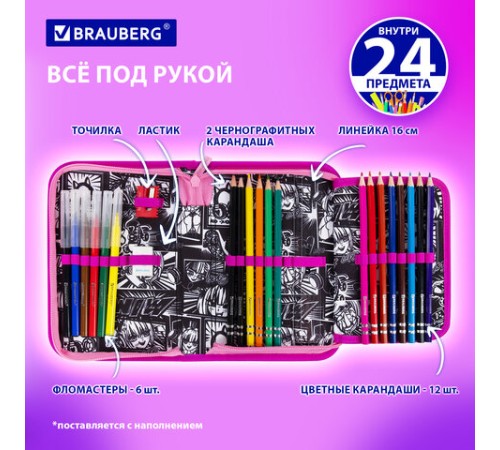 Пенал BRAUBERG с наполнением, 1 отделение, 1 откидная планка, 24 предмета, 21х14 см, 