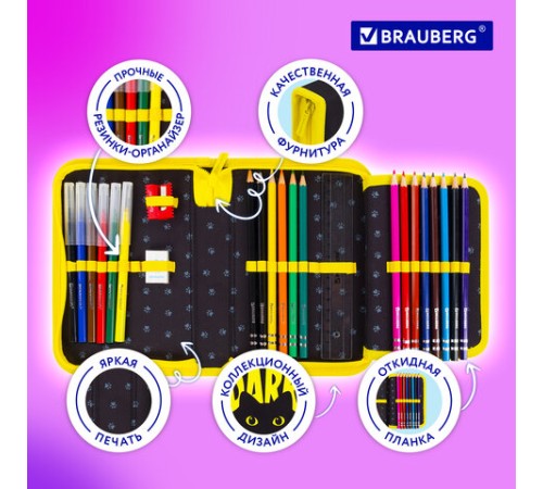 Пенал BRAUBERG с наполнением, 1 отделение, 1 откидная планка, 24 предмета, 21х14 см, 