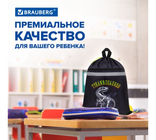 Мешок для обуви BRAUBERG, с петлей, светоотражающая полоса, 2 отделения, 46х36 см, Tyrannosaur, 272399