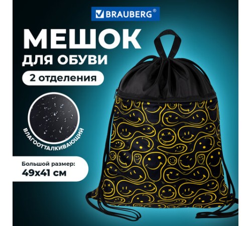 Мешок для обуви BRAUBERG БОЛЬШОЙ, с ручкой, карман на молнии, сетка, 49х41 см, 