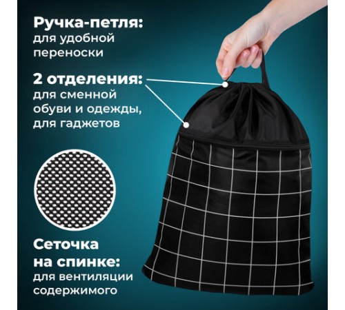 Мешок для обуви BRAUBERG БОЛЬШОЙ, с ручкой, карман на молнии, сетка, 49х41 см, 