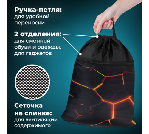 Мешок для обуви BRAUBERG БОЛЬШОЙ, с ручкой, карман на молнии, сетка, 49х41 см, 