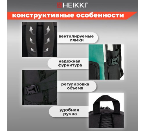 Рюкзак HEIKKI BLOCKS (ХЕЙКИ) универсальный, 2 отделения, черный/бирюзовый/бежевый, 44х32х17 см, 272562