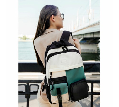 Рюкзак HEIKKI BLOCKS (ХЕЙКИ) универсальный, 2 отделения, черный/бирюзовый/бежевый, 44х32х17 см, 272562