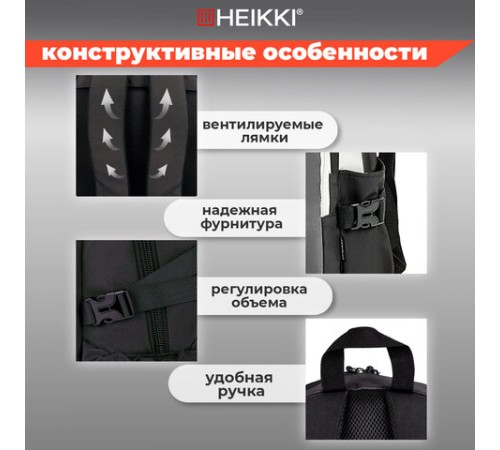 Рюкзак HEIKKI BLOCKS (ХЕЙКИ) универсальный, 2 отделения, черный/серый/белый, 44х32х17 см, 272563