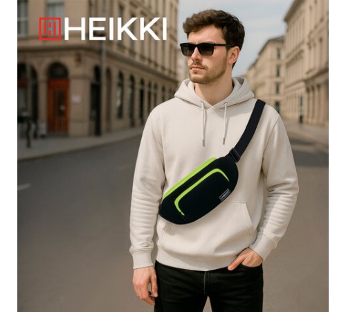 Сумка на пояс HEIKKI RIO (ХЕЙКИ), карман, регулируемый ремень, черная/салатовая, 30х12x10 см, 272615