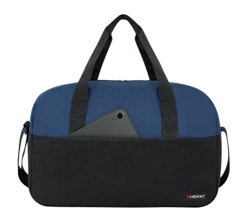 Сумка спортивная HEIKKI BASE (ХЕЙКИ), карман на молнии, черная/темно-синяя, 30x44x17 см, 272622